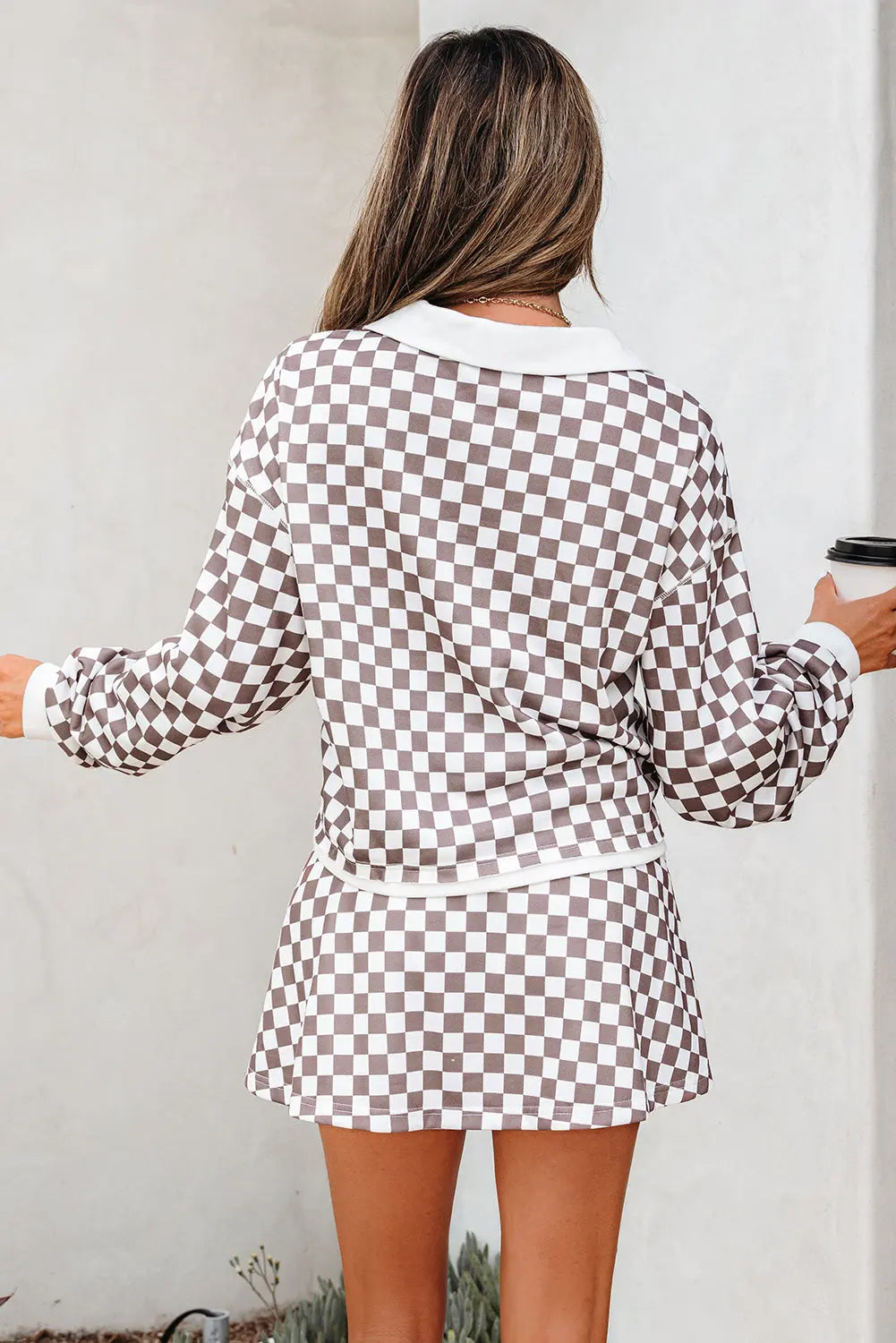 Khaki Checkered Print Polo Collar Cropped Long Sleeve Top Drawstring Mini Skirt Set Dear-Lover Dropshipping