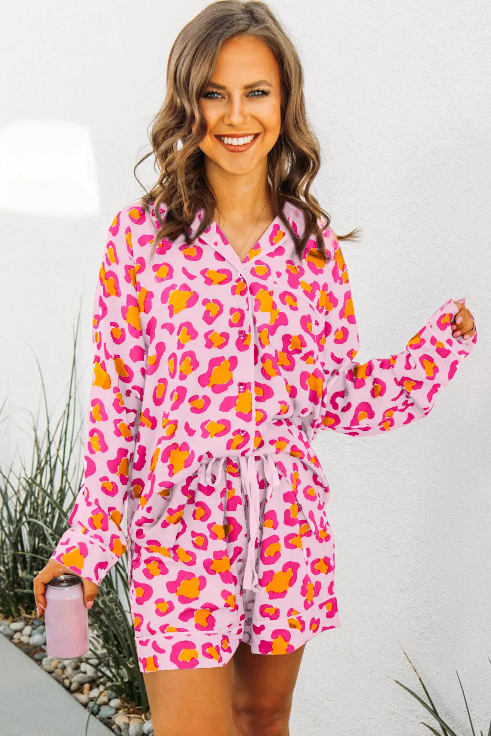 Pink Leopard Print Long Sleeve Shirt and Shorts Pajama Set Dear-Lover Dropshipping