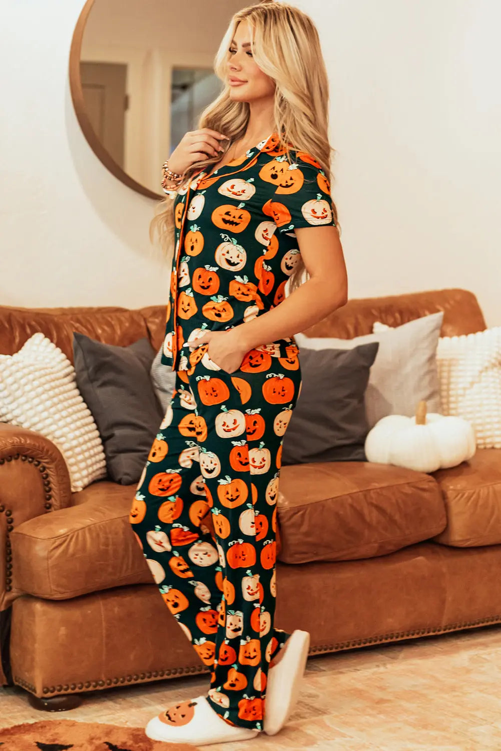 Orange Halloween Pattern Short Sleeve Shirt Pajama Set Dear-Lover Dropshipping