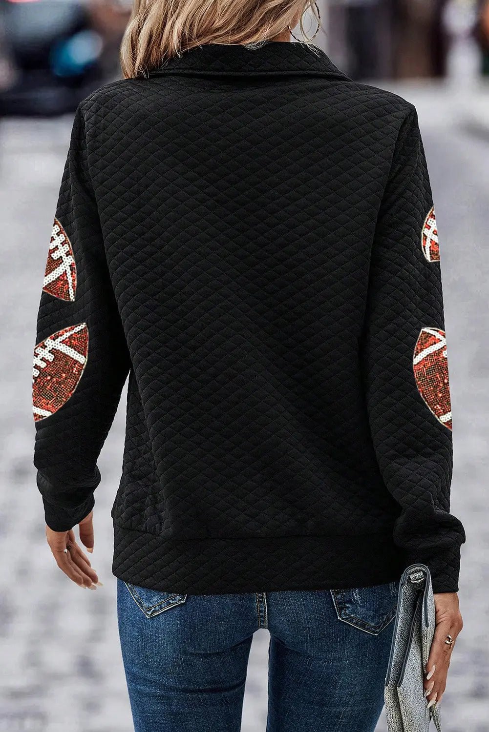 Black Sequin Rugby Football Patched Quarter Zip Textured Sweatshirt Dear-Lover Dropshipping