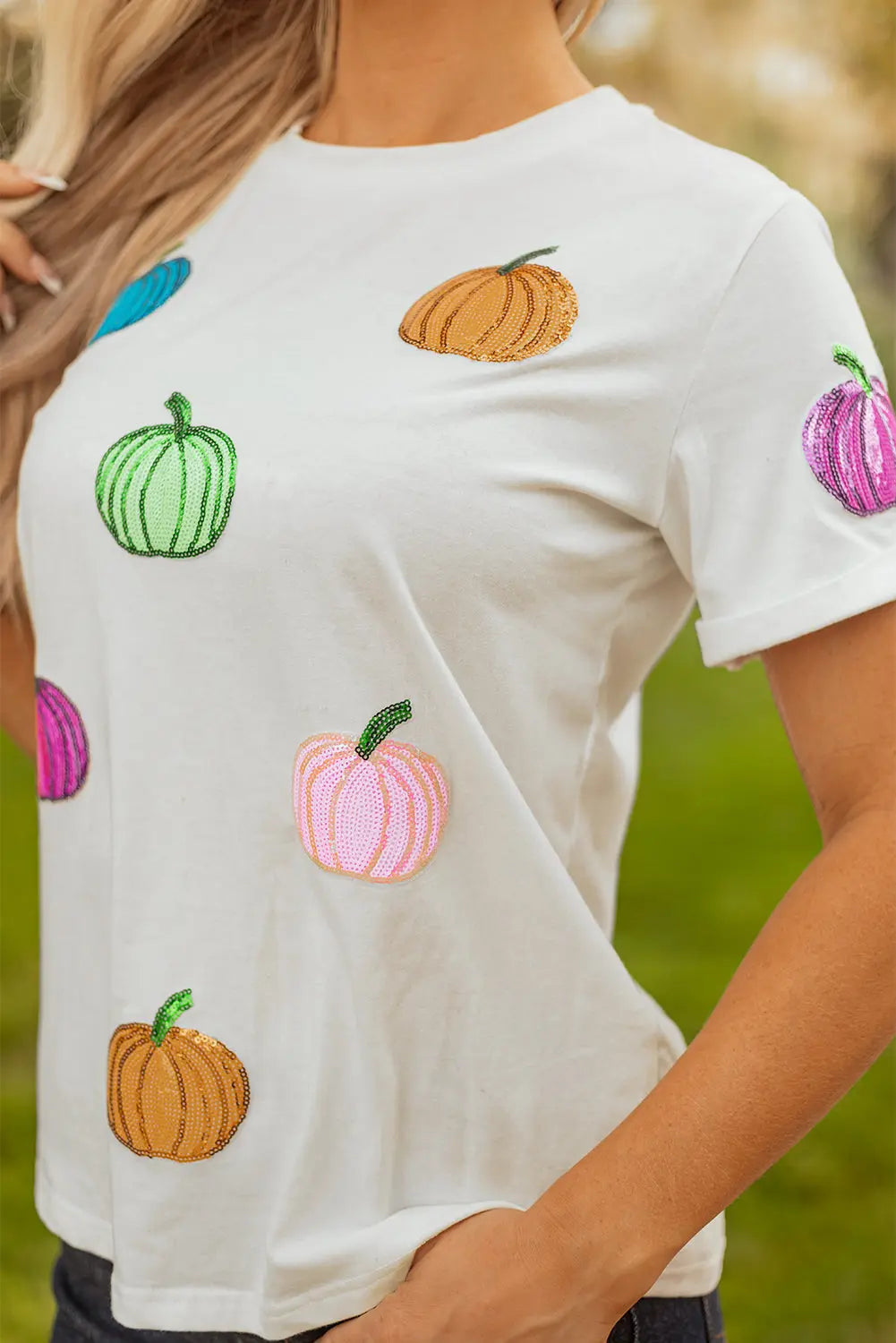 White Sequin Pumpkin Patched Cotton Blend T Shirt Dear-Lover Dropshipping