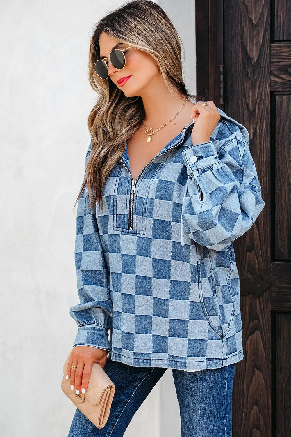 Sky Blue Checkerboard Zipped Neck Kangaroo Pocket Denim Hoodie Dear-Lover Dropshipping