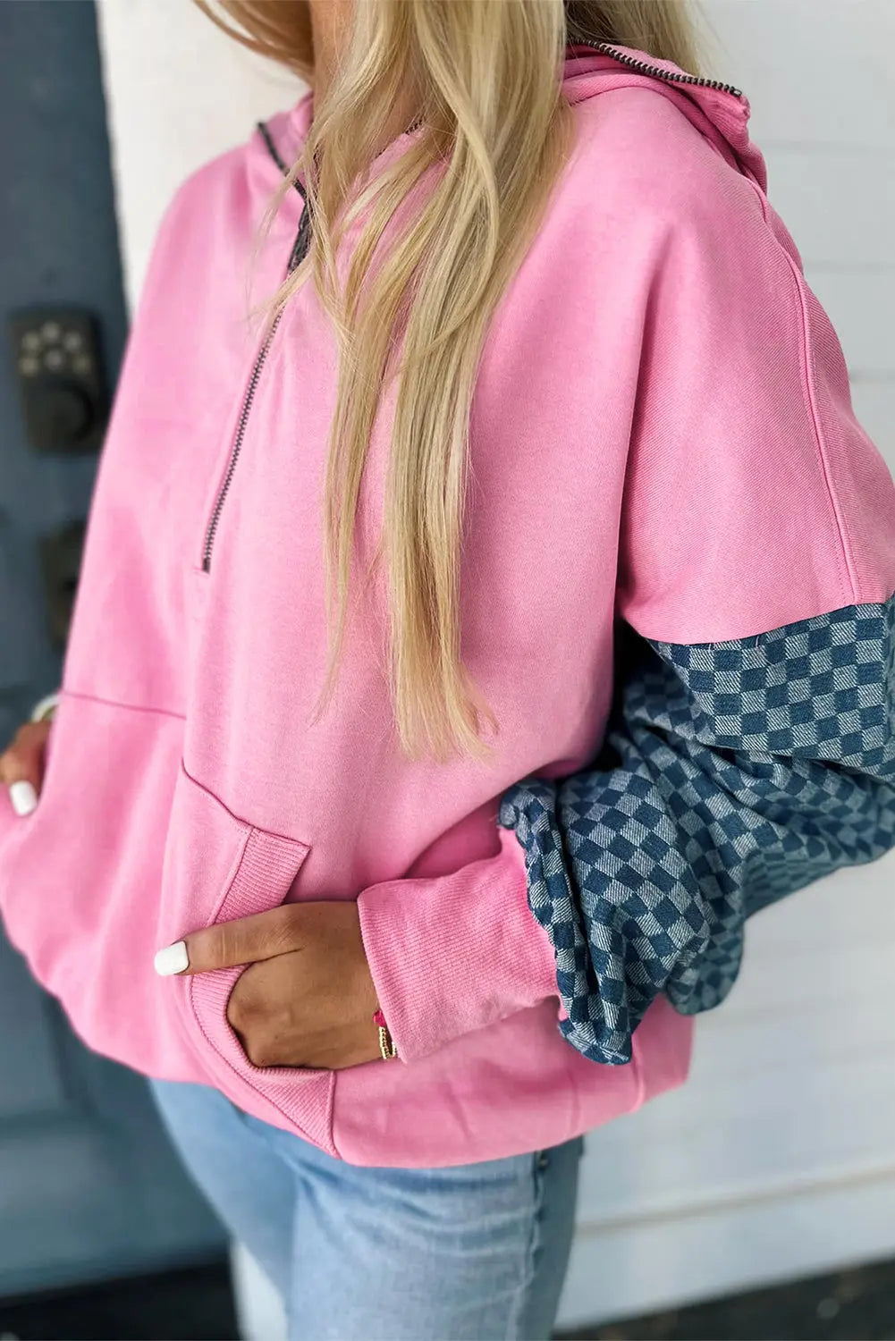 Bonbon Checkered Patchwork Kangaroo Pocket Half Zipper Hoodie Dear-Lover Dropshipping
