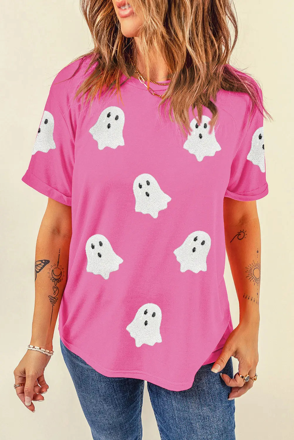 Sachet Pink Sequin Halloween Ghost Patched Casual T Shirt Dear-Lover Dropshipping