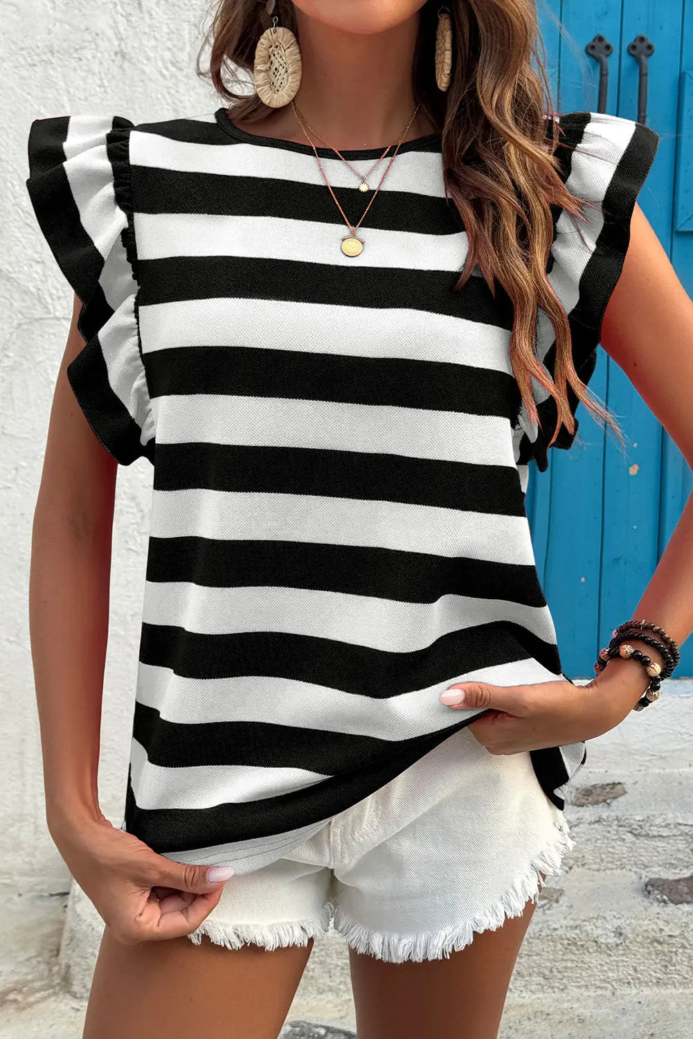 Black Stripe Flutter Sleeve Round Neck T Shirt Dear-Lover Dropshipping