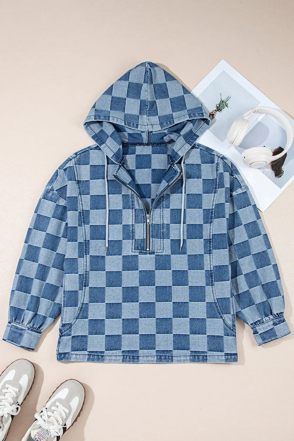 Sky Blue Checkerboard Zipped Neck Kangaroo Pocket Denim Hoodie Dear-Lover Dropshipping
