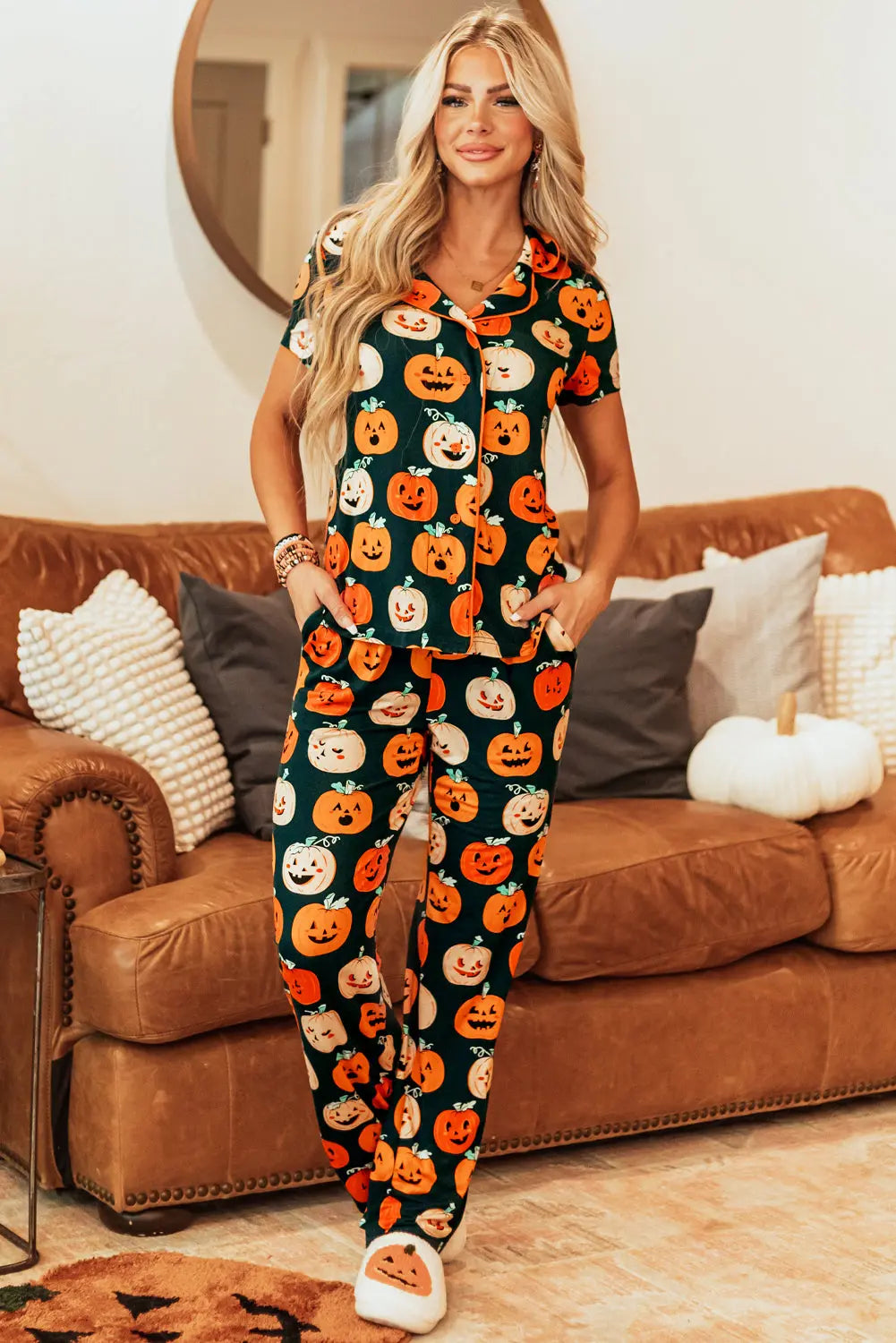 Orange Halloween Pattern Short Sleeve Shirt Pajama Set Dear-Lover Dropshipping