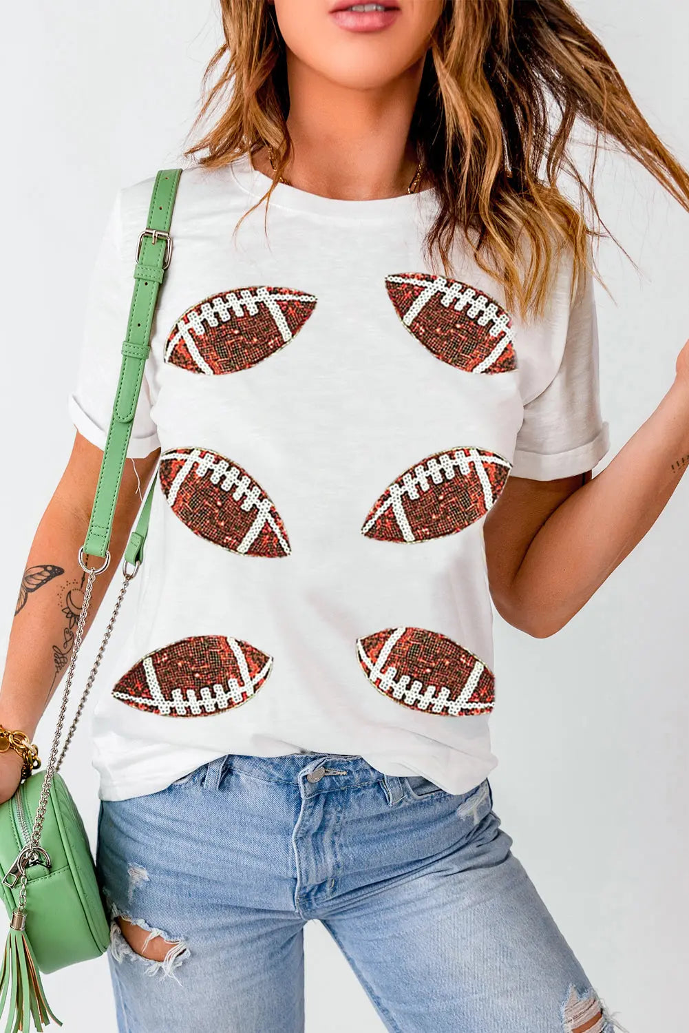 White Sequined Rugby Football Graphic Cotton T Shirt Dear-Lover Dropshipping