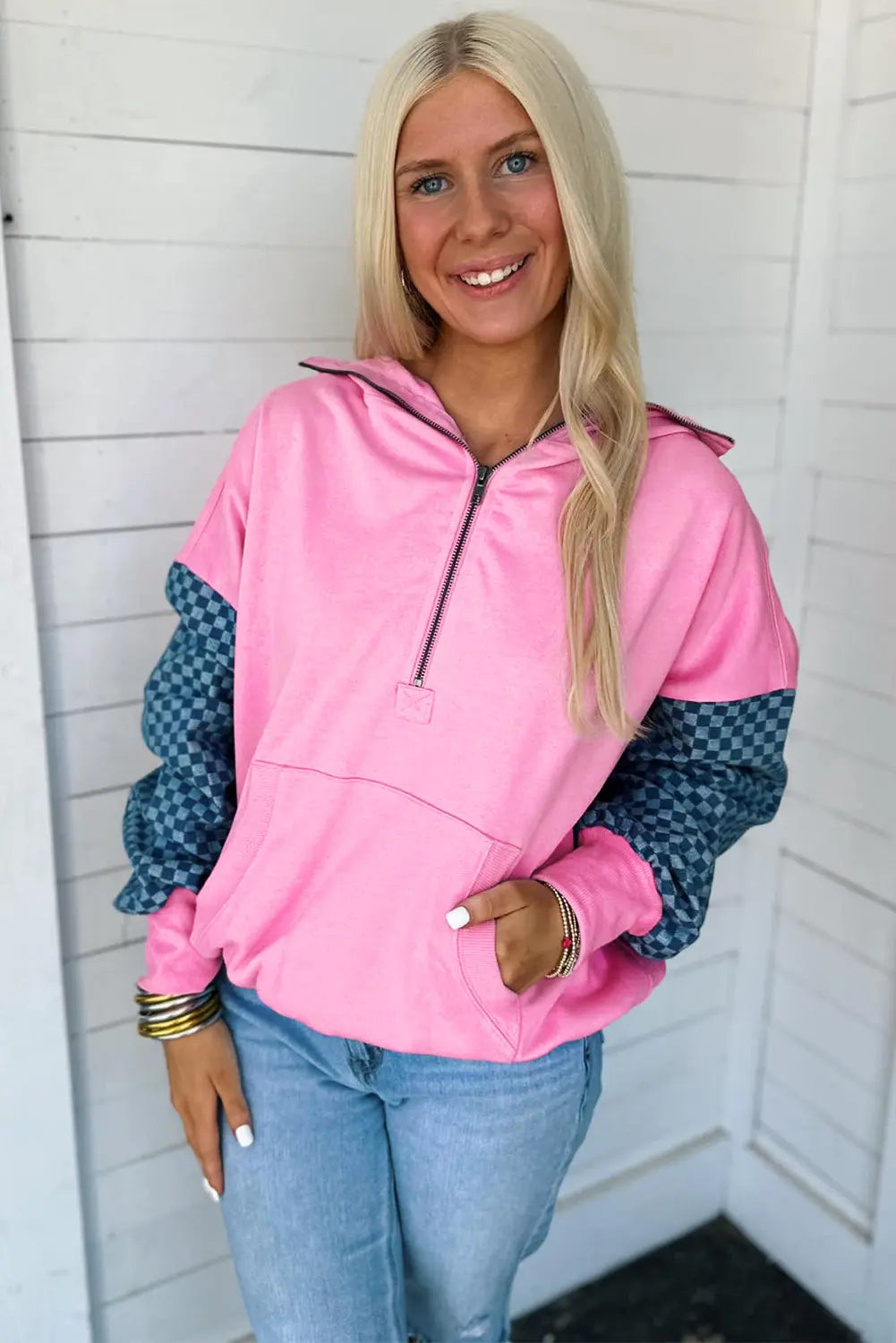 Bonbon Checkered Patchwork Kangaroo Pocket Half Zipper Hoodie Dear-Lover Dropshipping