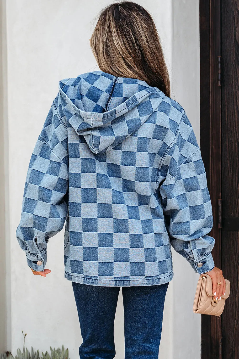 Sky Blue Checkerboard Zipped Neck Kangaroo Pocket Denim Hoodie Dear-Lover Dropshipping