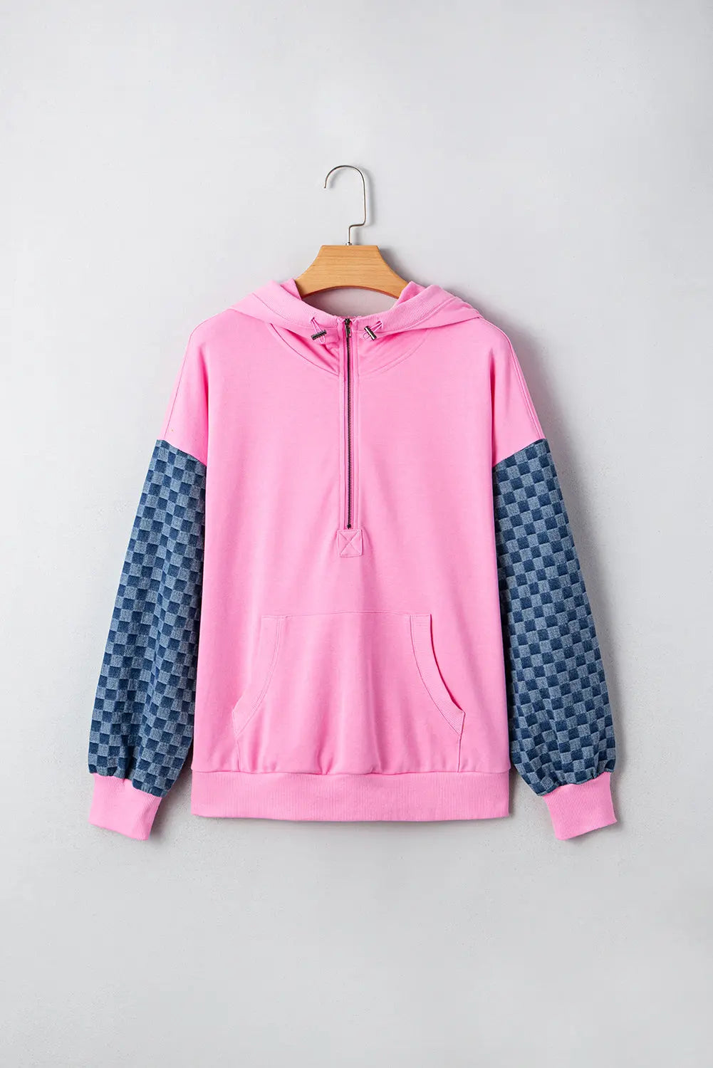 Bonbon Checkered Patchwork Kangaroo Pocket Half Zipper Hoodie Dear-Lover Dropshipping