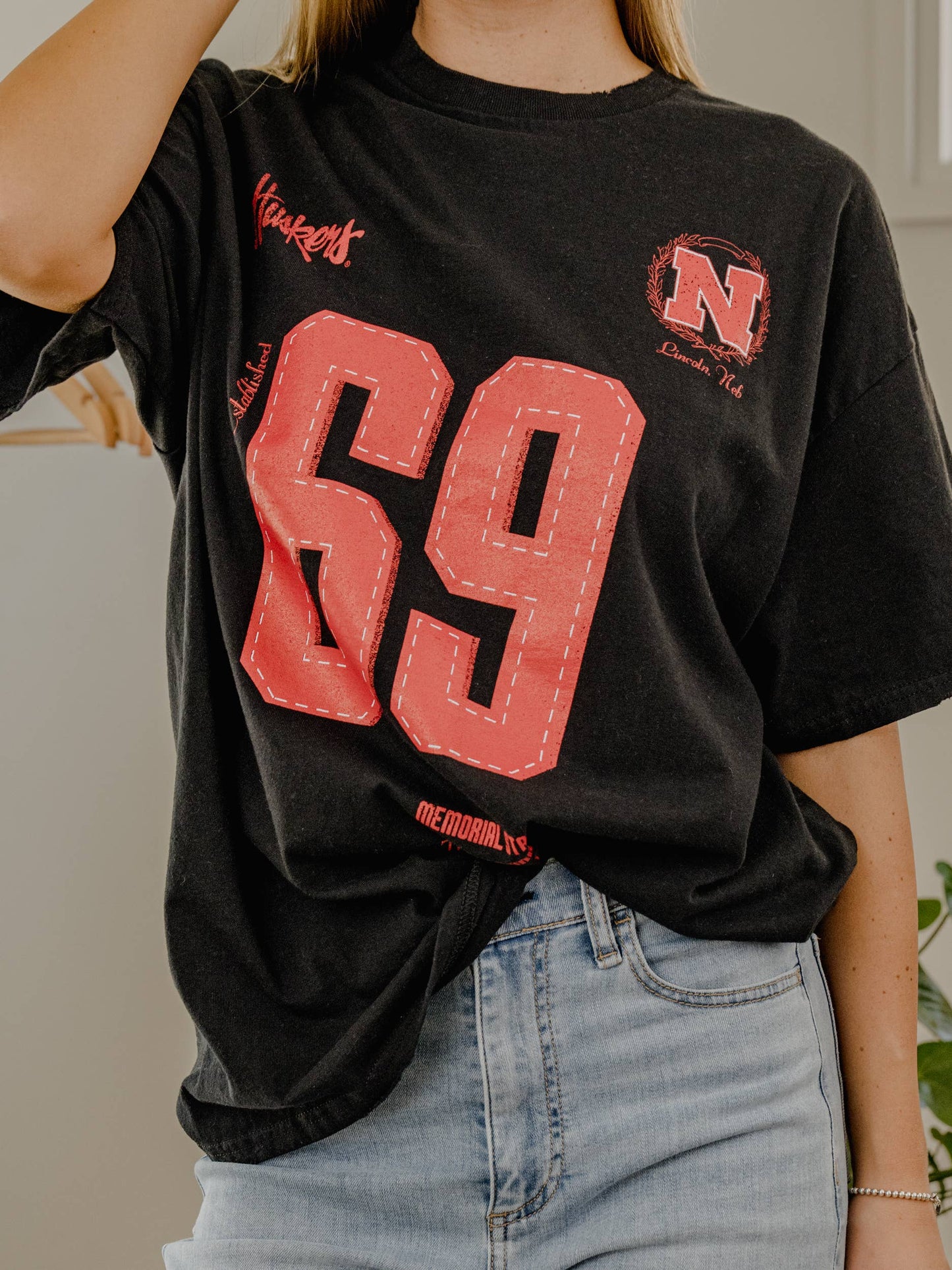 Nebraska Corn Huskers Crest Stamp Black Thrifted Tee