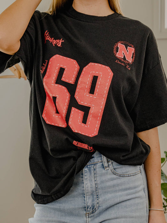 Nebraska Corn Huskers Crest Stamp Black Thrifted Tee