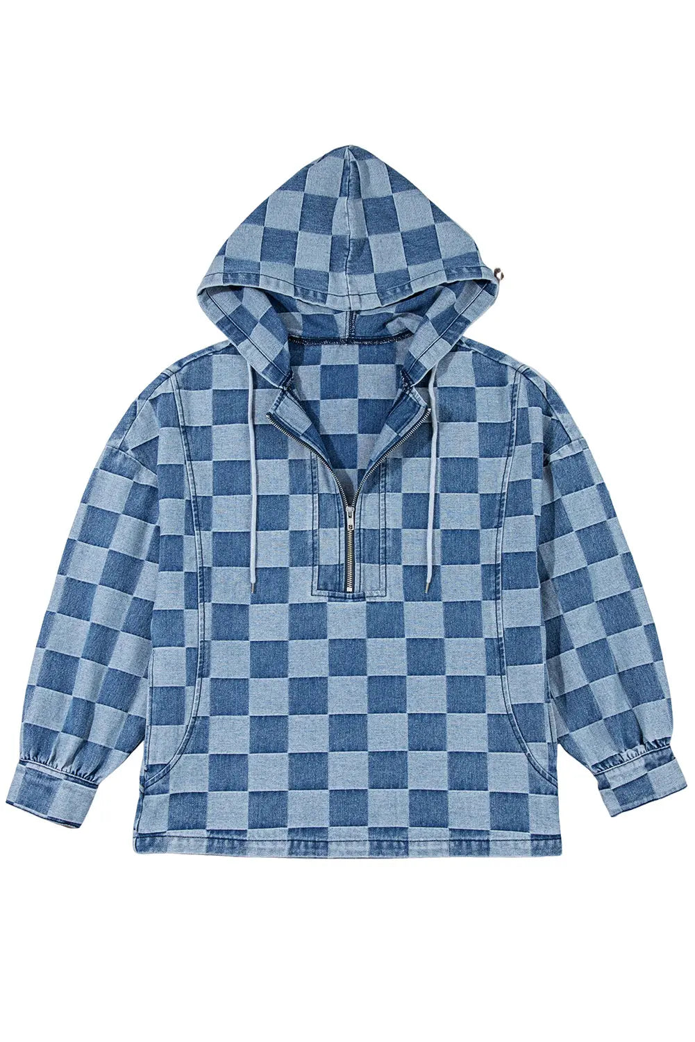 Sky Blue Checkerboard Zipped Neck Kangaroo Pocket Denim Hoodie Dear-Lover Dropshipping