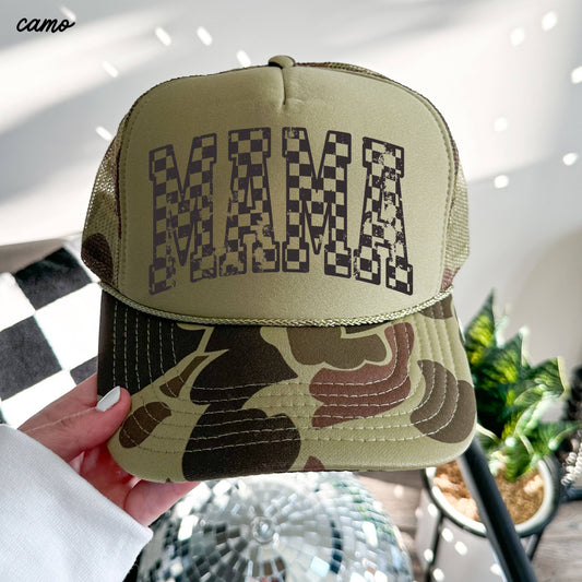 Checkered Mama Outline Trucker Hat Camo