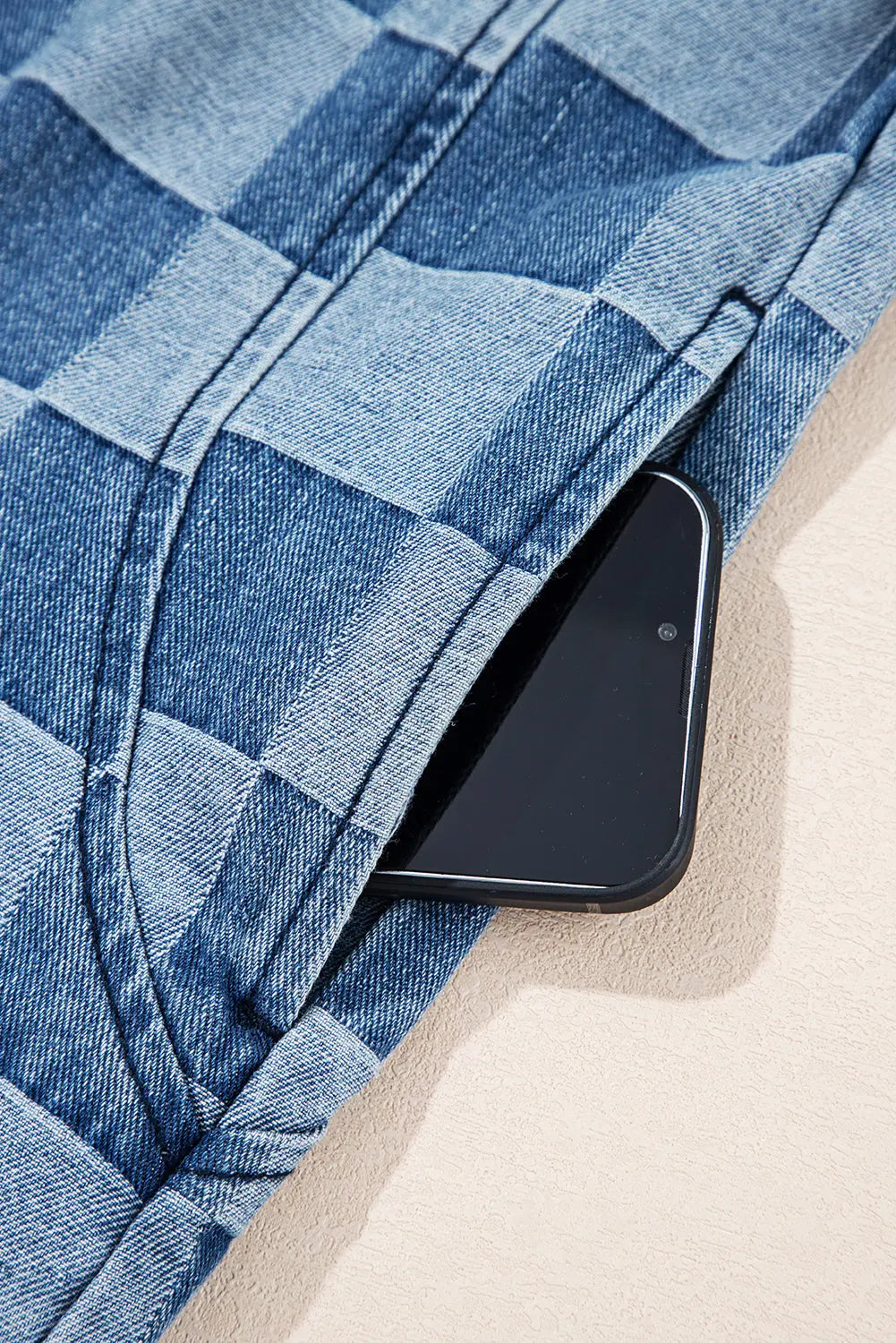 Sky Blue Checkerboard Zipped Neck Kangaroo Pocket Denim Hoodie Dear-Lover Dropshipping