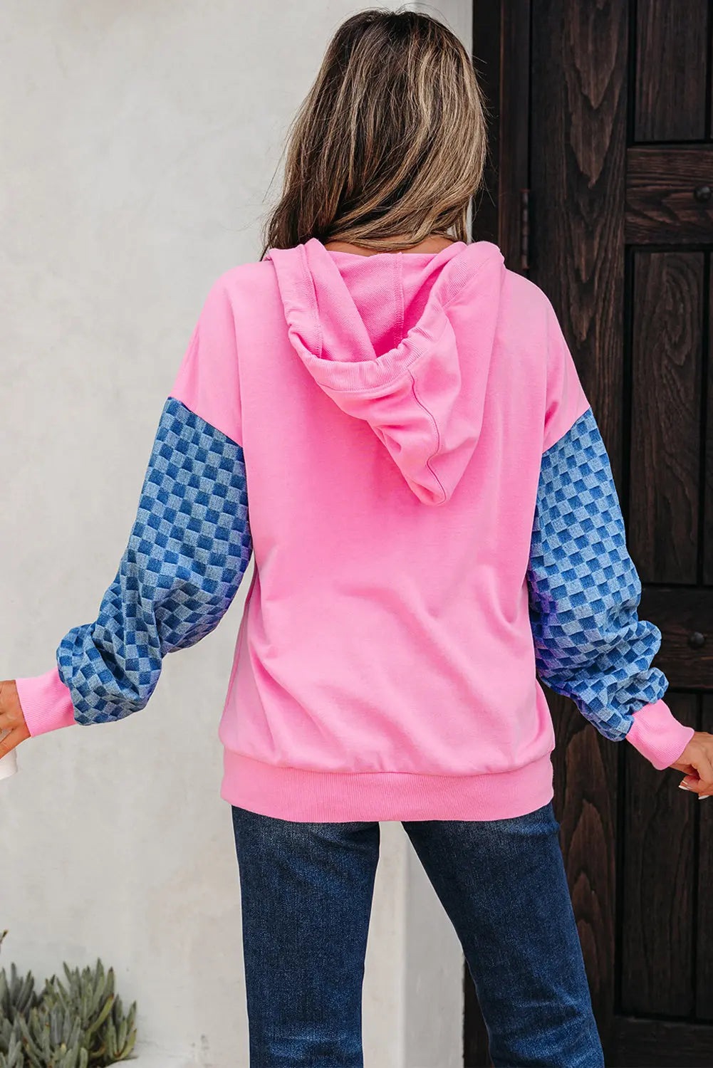 Bonbon Checkered Patchwork Kangaroo Pocket Half Zipper Hoodie Dear-Lover Dropshipping