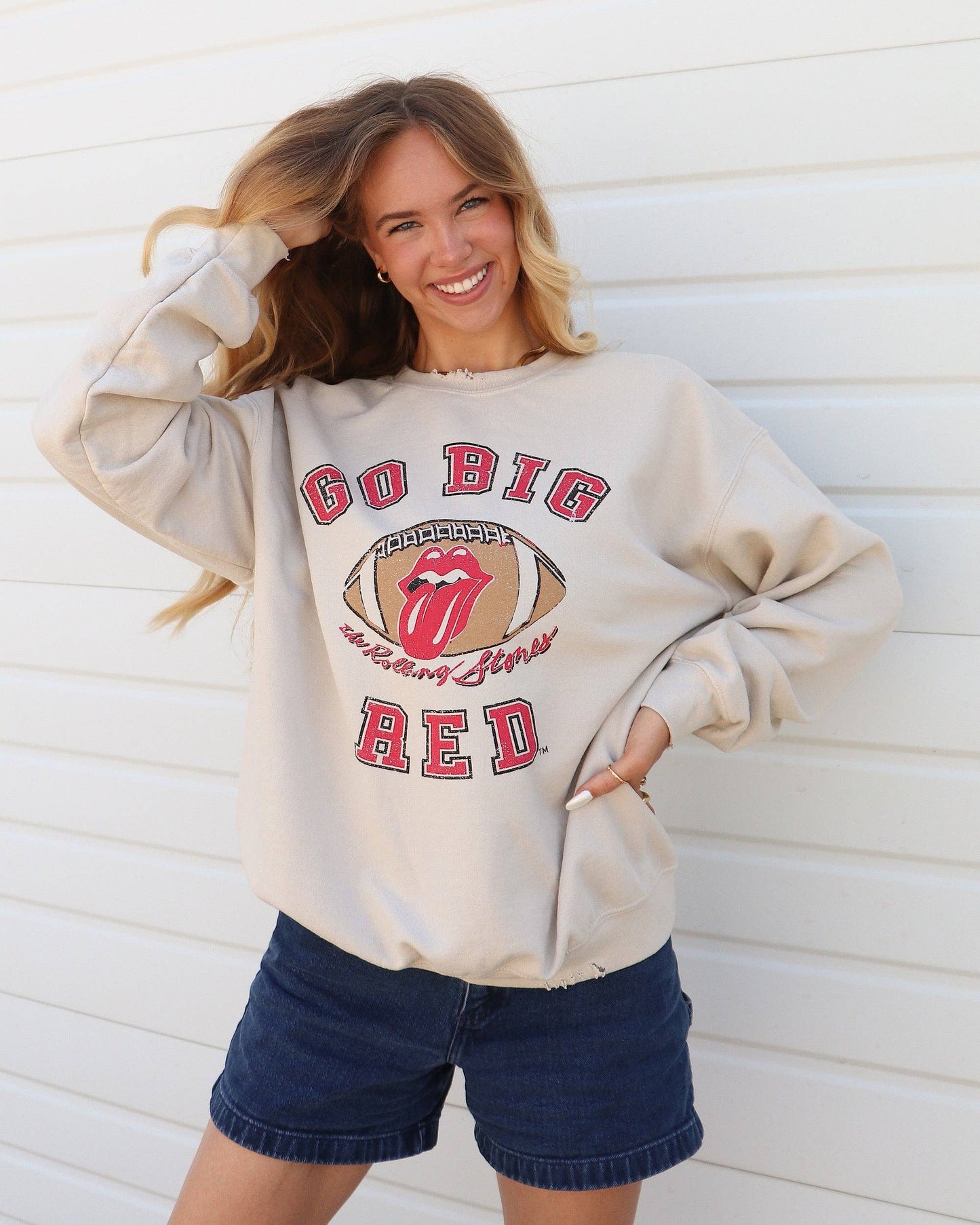 Rolling Stones Go Big Red Football Sand Thrifted Sweatshirt