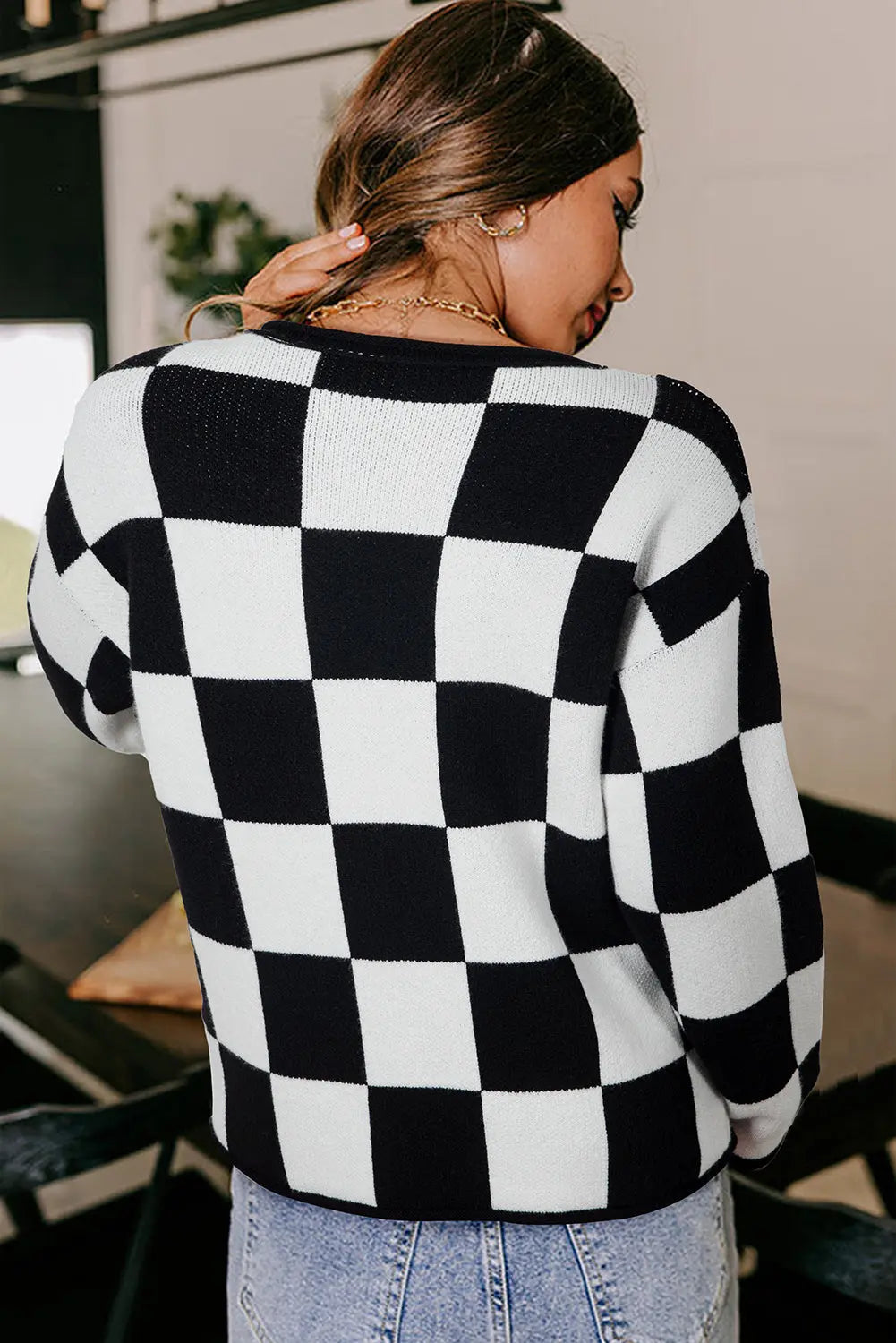 Black Checked Notched Neckline Drop Shoulder Knit Sweater Dear-Lover Dropshipping