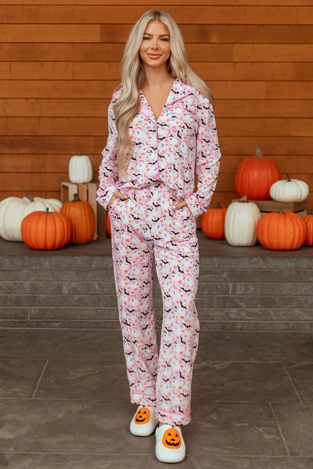 Pink Halloween Eve Haunted Honey Bat Print Pajama Set Dear-Lover Dropshipping