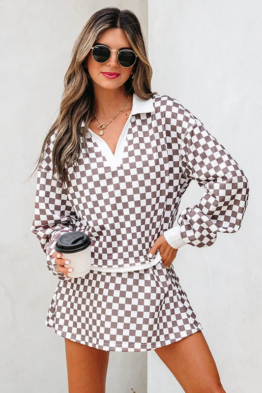 Khaki Checkered Print Polo Collar Cropped Long Sleeve Top Drawstring Mini Skirt Set Dear-Lover Dropshipping