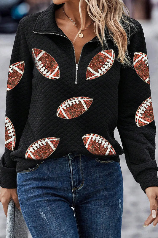 Black Sequin Rugby Football Patched Quarter Zip Textured Sweatshirt Dear-Lover Dropshipping