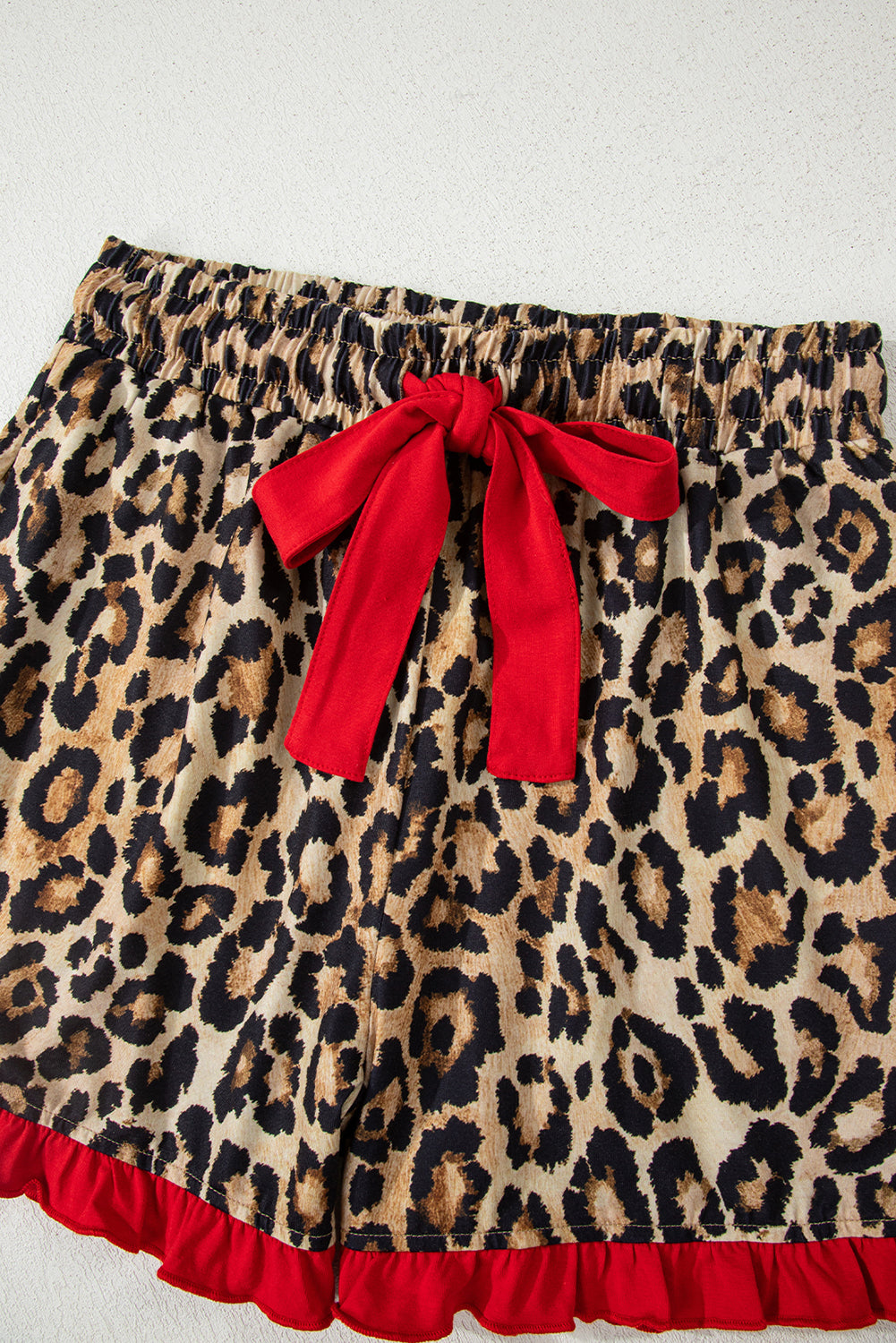 Racing Red Retro Plaid Leopard Print Patchwork Long Sleeve Shorts Pajama Set
