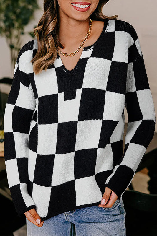 Black Checked Notched Neckline Drop Shoulder Knit Sweater Dear-Lover Dropshipping