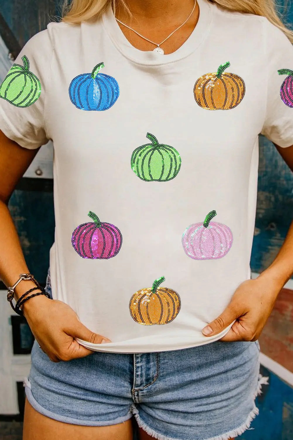 White Sequin Pumpkin Patched Cotton Blend T Shirt Dear-Lover Dropshipping