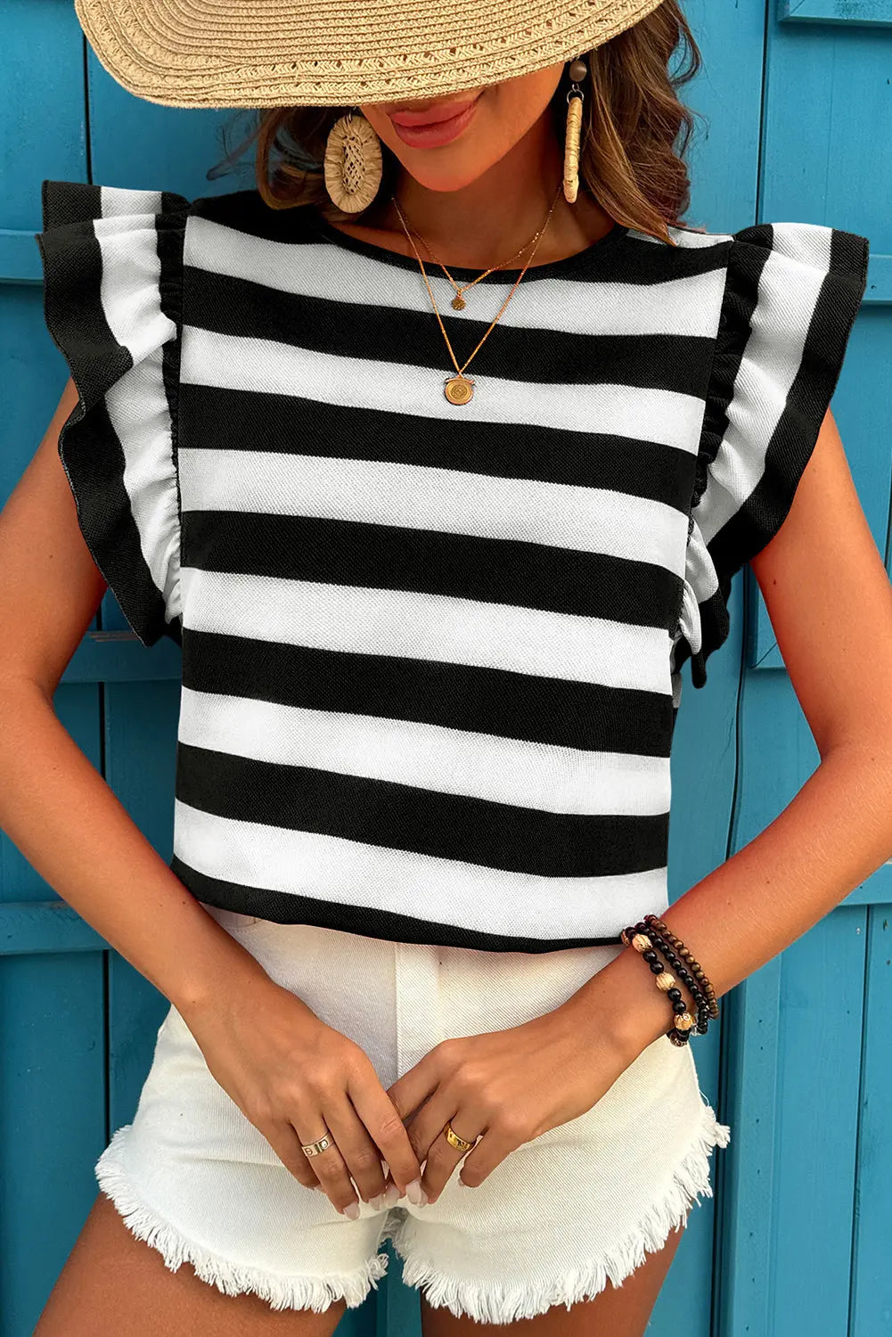 Black Stripe Flutter Sleeve Round Neck T Shirt Dear-Lover Dropshipping