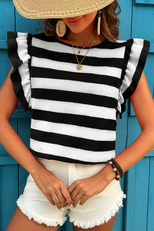 Black Stripe Flutter Sleeve Round Neck T Shirt Dear-Lover Dropshipping