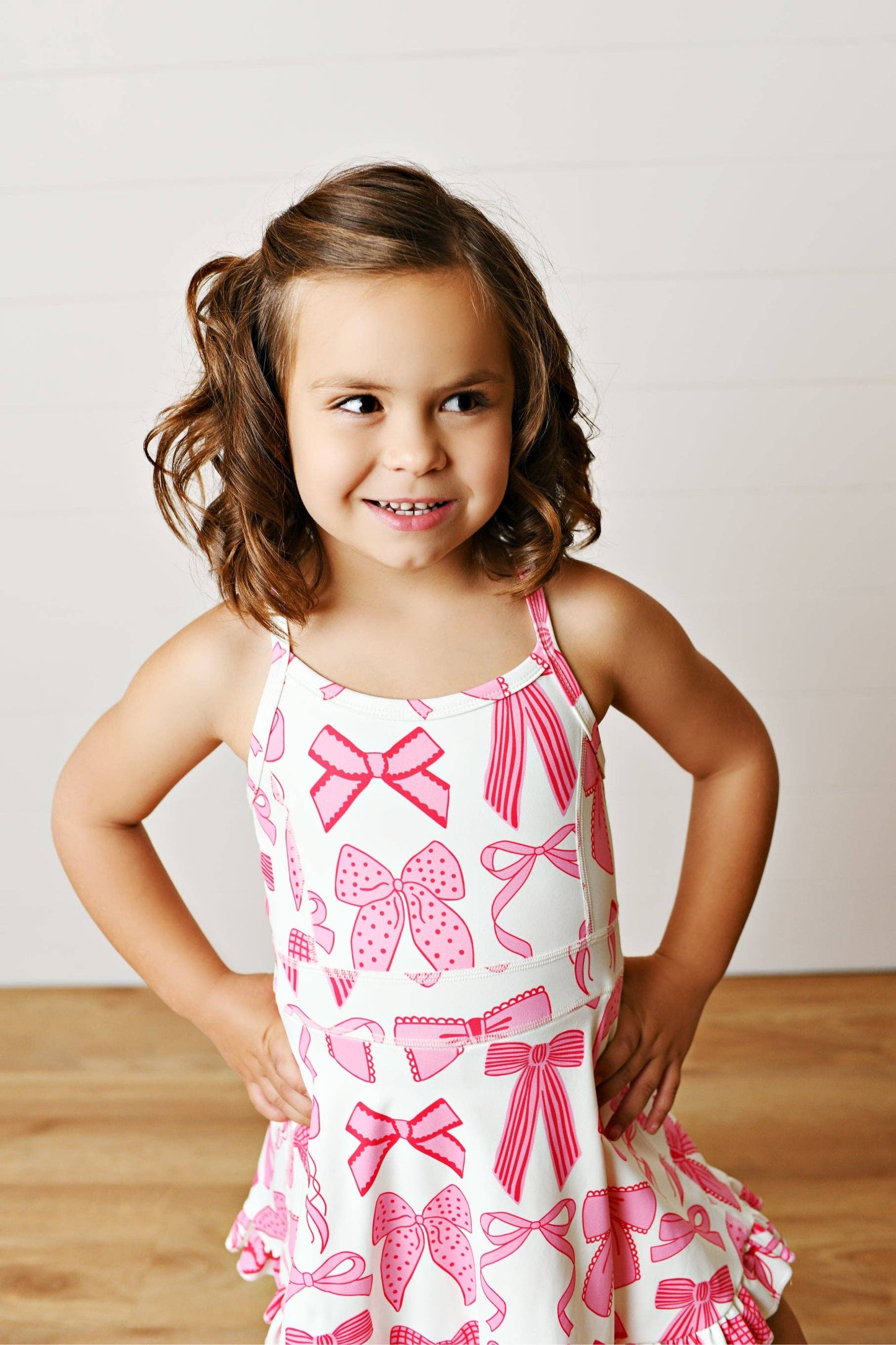 Girls White & Pink Bow Athletic Active Sport Ruffle Dress