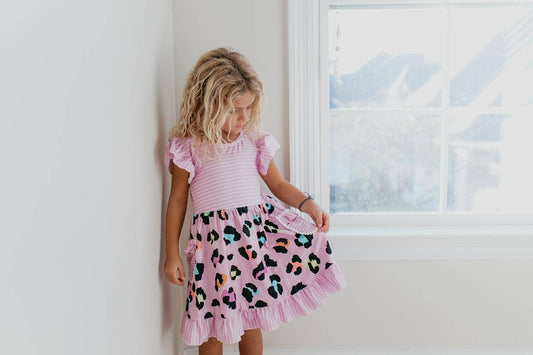Kids Lavender Stripe & Leopard Ruffle Pocket Spring Dress