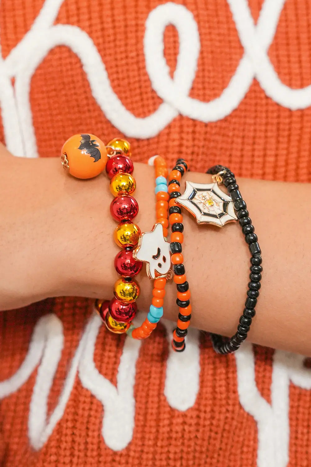 Orange 4pcs Halloween Ghost Spider Web Beaded Bracelet Set - Heather’s Haven Kids Boutique