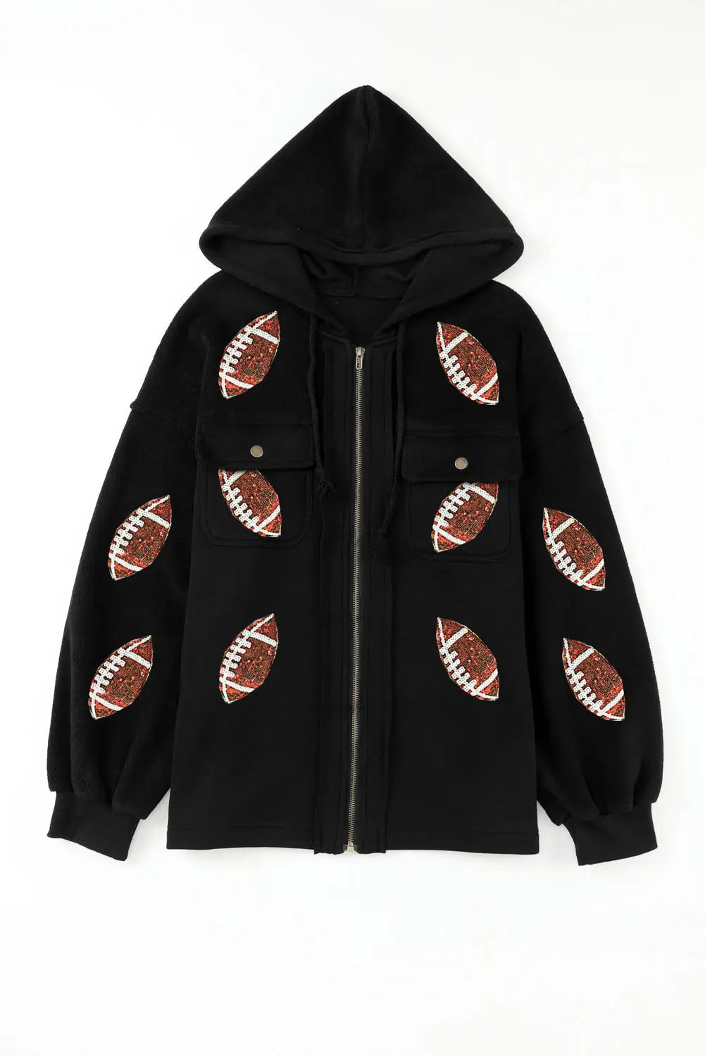 Black Sequined Rugby Football Pattern Pocketed Zipper Hooded Jacket Dear-Lover Dropshipping