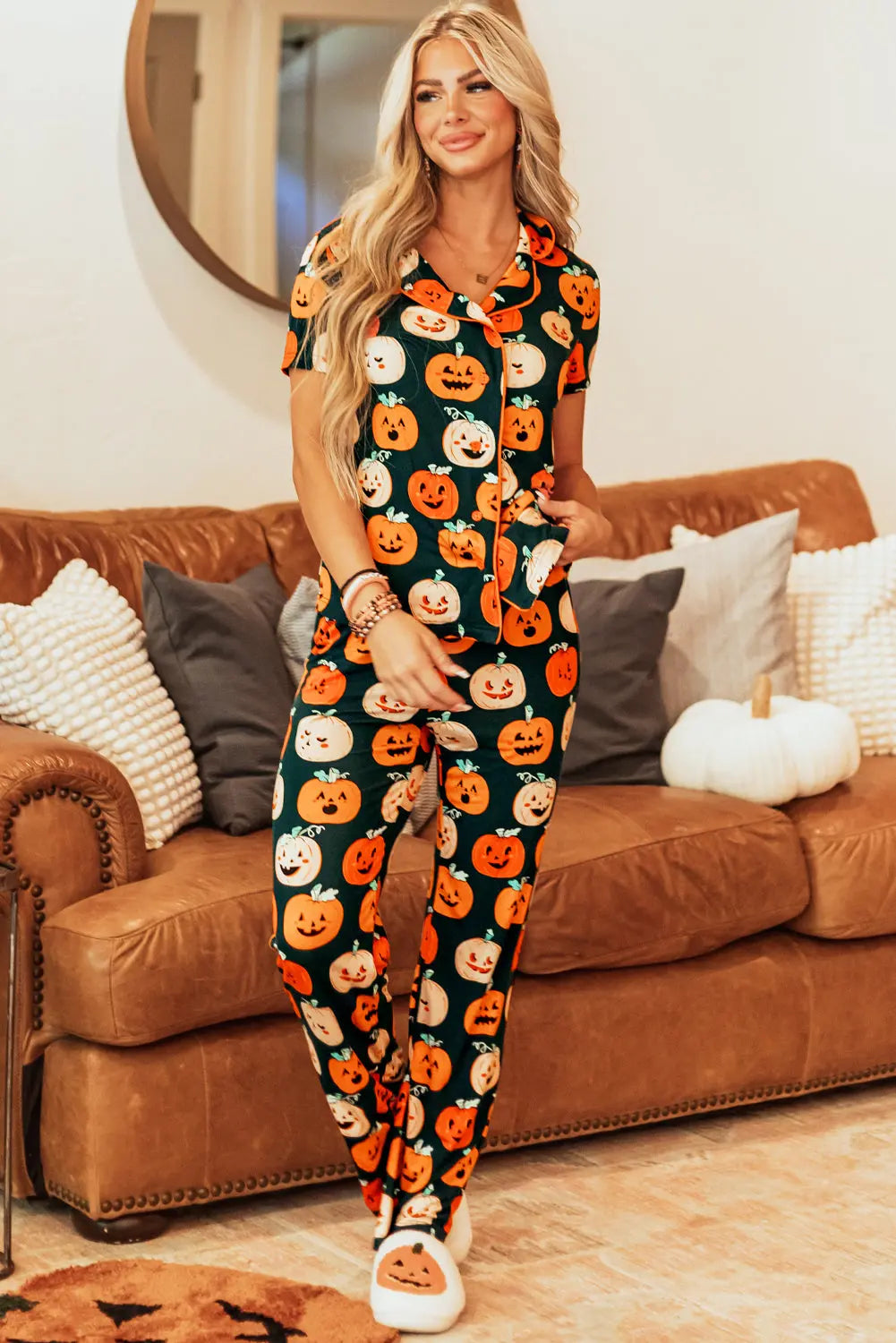 Orange Halloween Pattern Short Sleeve Shirt Pajama Set Dear-Lover Dropshipping