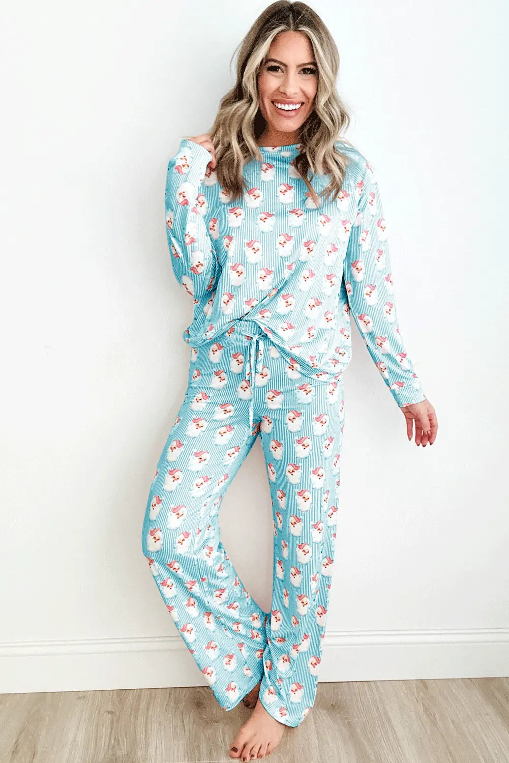 Sky Blue Santa Claus Striped Print Loose Fit Two Piece Lounge Set Dear-Lover Dropshipping