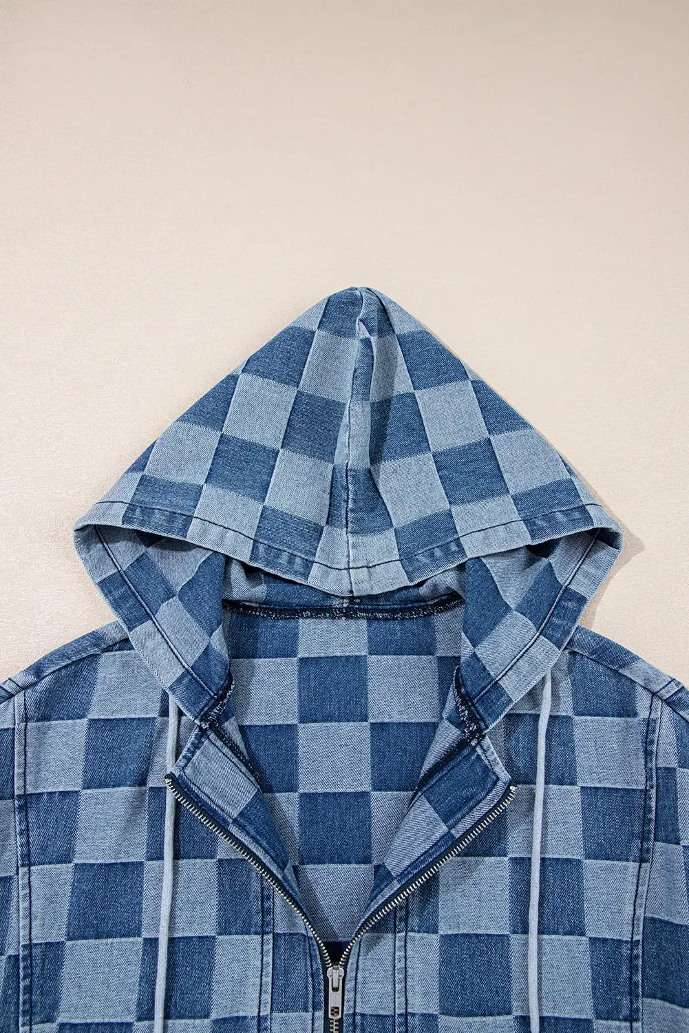 Sky Blue Checkerboard Zipped Neck Kangaroo Pocket Denim Hoodie Dear-Lover Dropshipping