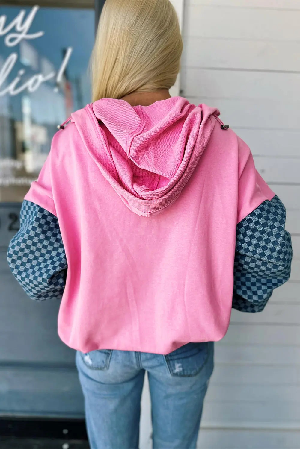 Bonbon Checkered Patchwork Kangaroo Pocket Half Zipper Hoodie Dear-Lover Dropshipping