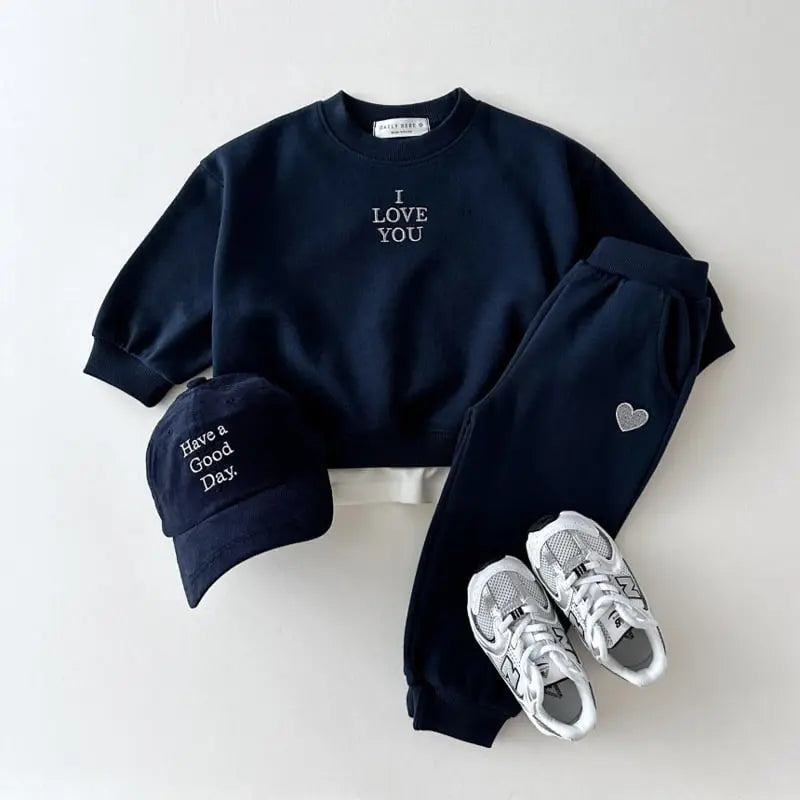 Autumn Kids Unisex Casual Letters Pattern Long Sleeves Top Pullover and Pants Clothing Set-1