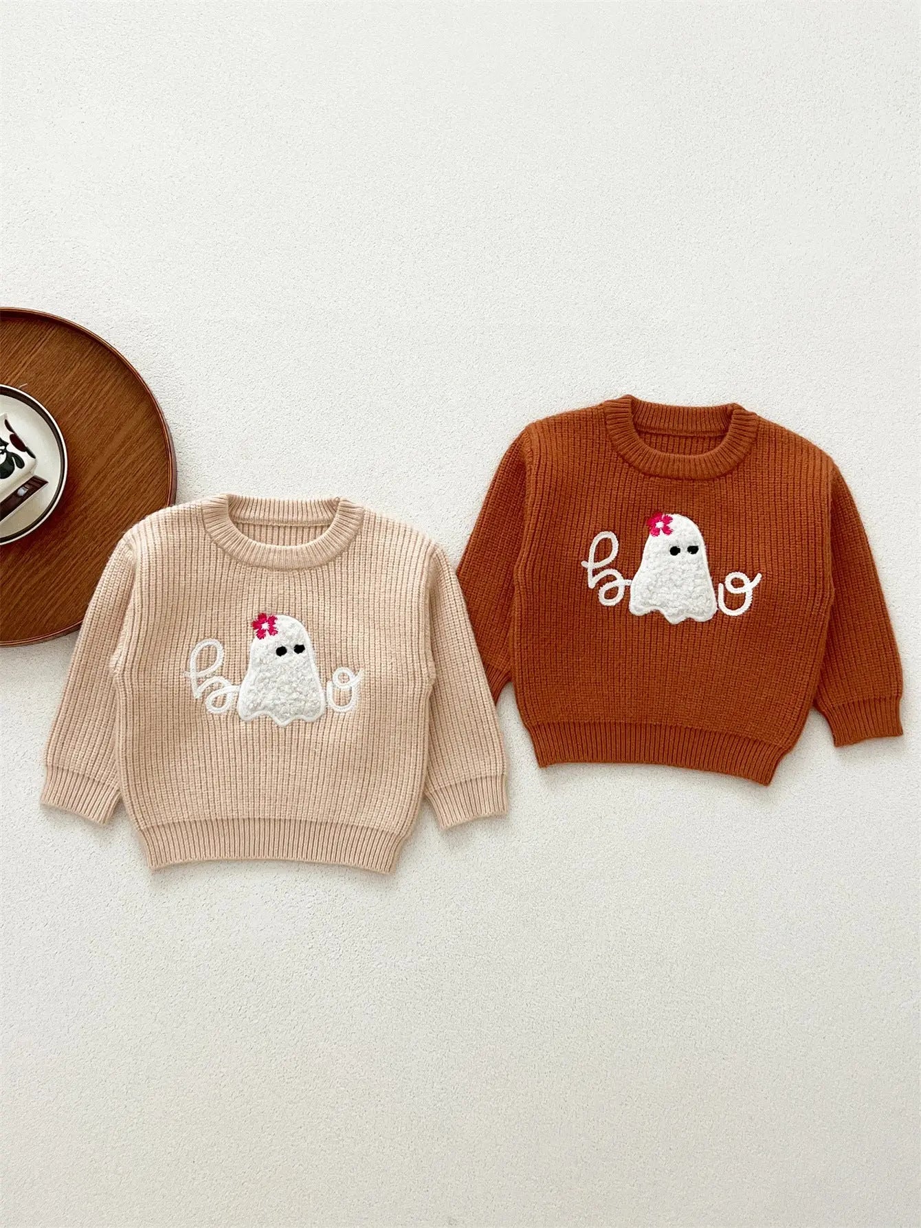 Autumn Arrival Baby Kids Unisex Comfortable Halloween Ghost Pattern Knitted Long Sleeves Pullover-0