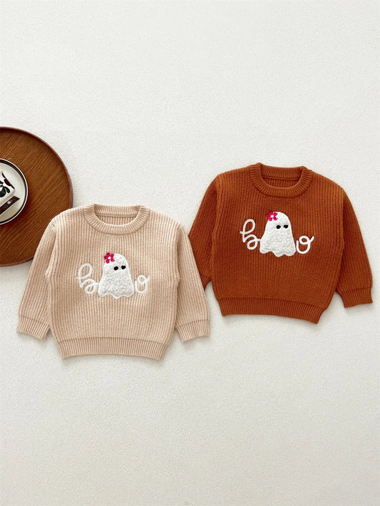 Autumn Arrival Baby Kids Unisex Comfortable Halloween Ghost Pattern Knitted Long Sleeves Pullover-0